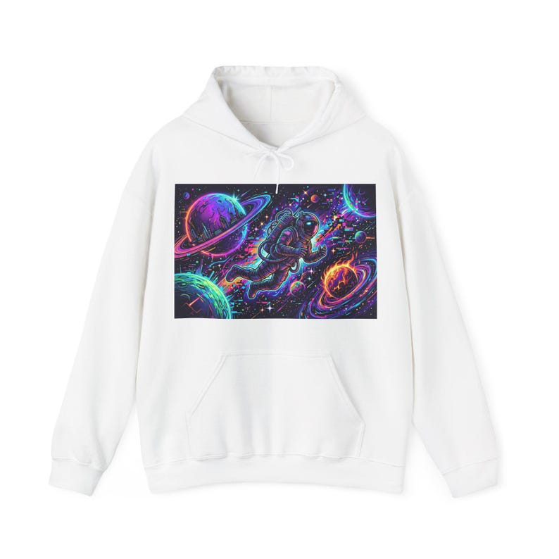 Cyberpunk Astronaut Hoodie - Neon Planets & Glitch Stars Space Streetwear Graphic Pullover image 1