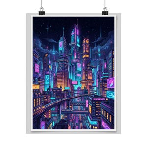 Cyberpunk Neon City Skyline At Night - Poster imagen 1