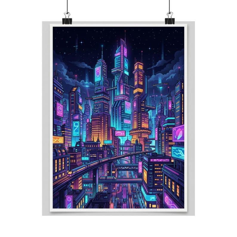 Cyberpunk Neon City Skyline At Night - Poster imagen 1