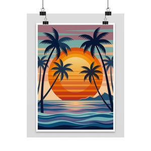 Retro Sunset Palm Tree Ocean - Poster image 1