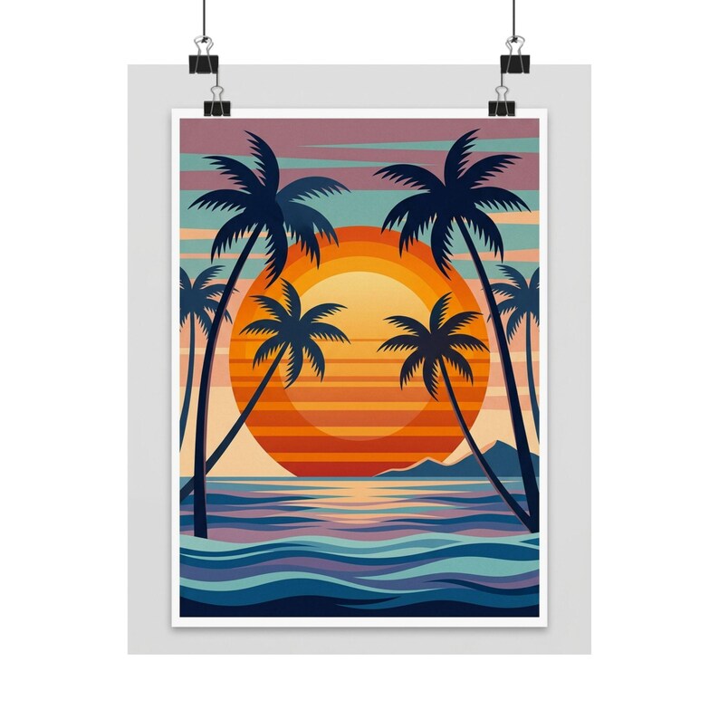 Retro Sunset Palm Tree Ocean - Poster image 1
