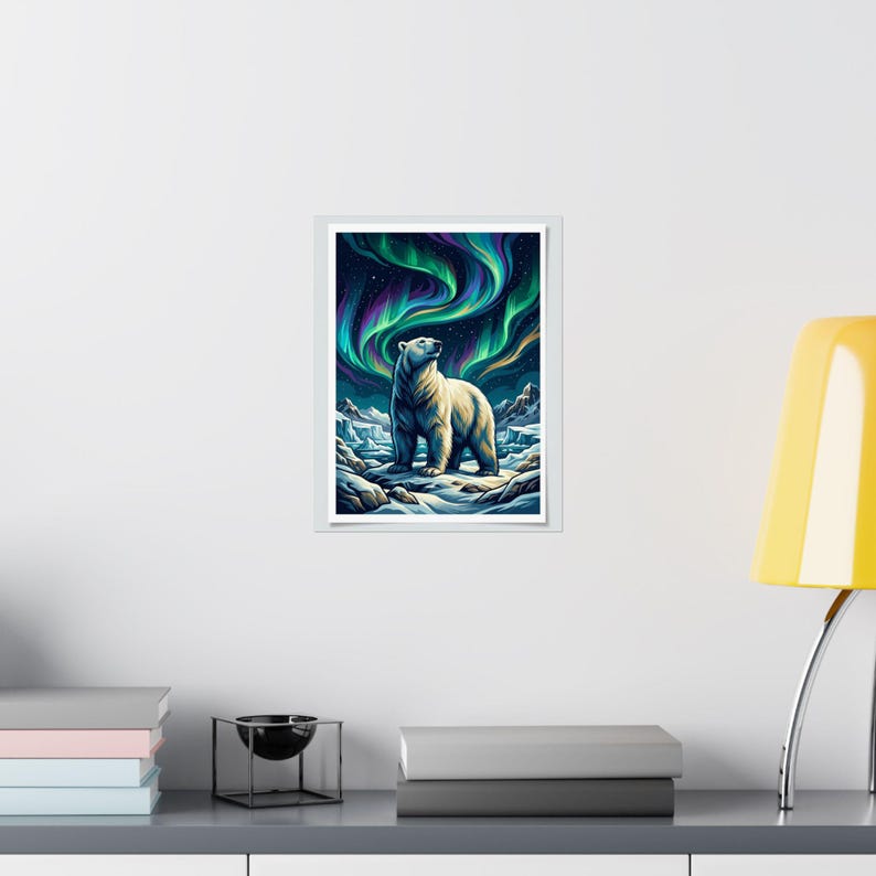 Arctic Polar Bear Under Aurora Borealis - Poster Bild 8