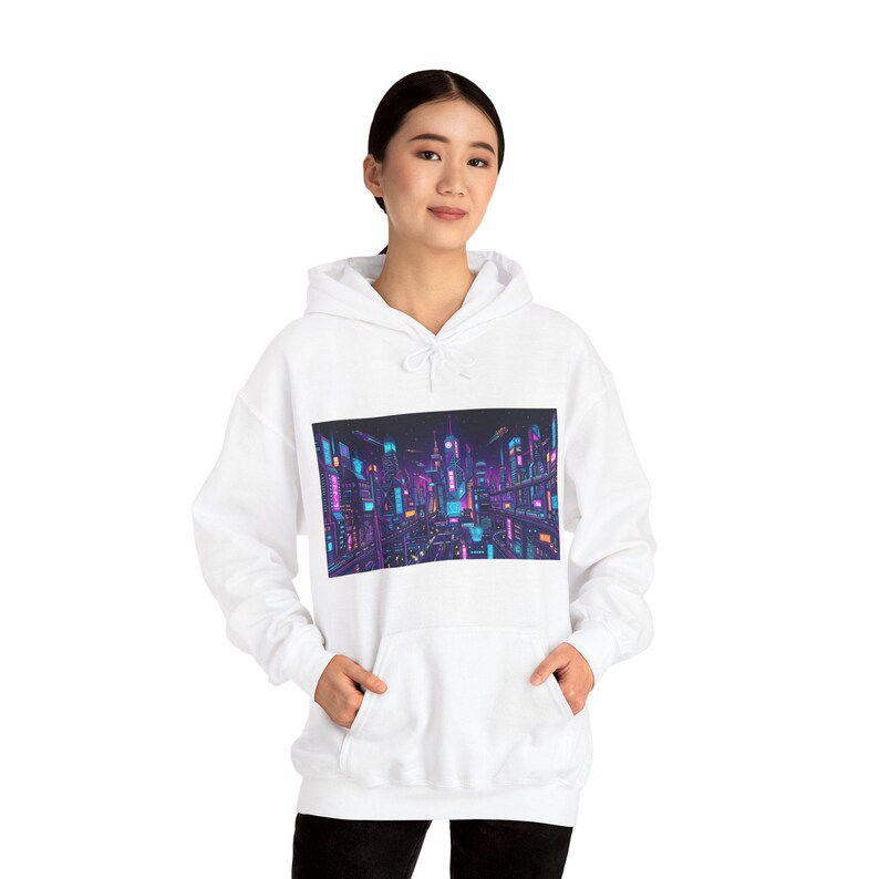 Cyberpunk Neon City Skyline At Night - Hoodie imagem 6