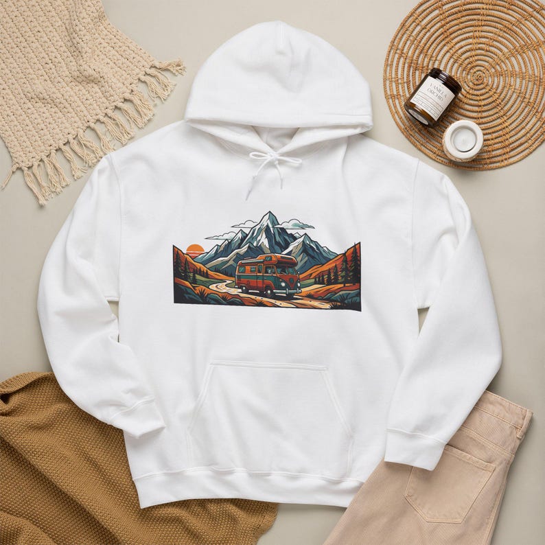 Vintage Travel Camper Van Mountains - Hoodie image 3
