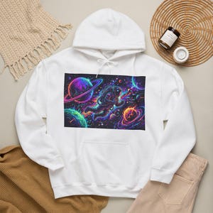 Cyberpunk Astronaut Hoodie - Neon Planets & Glitch Stars Space Streetwear Graphic Pullover image 3