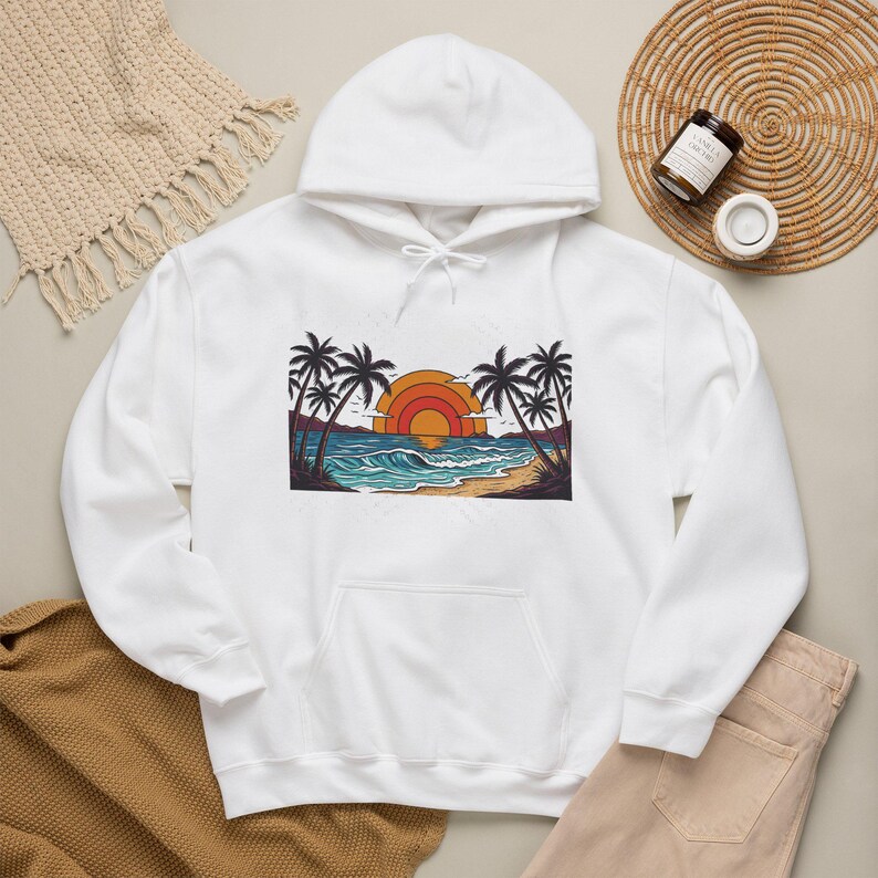 Retro Sunset Palm Tree Ocean - Hoodie 画像 4