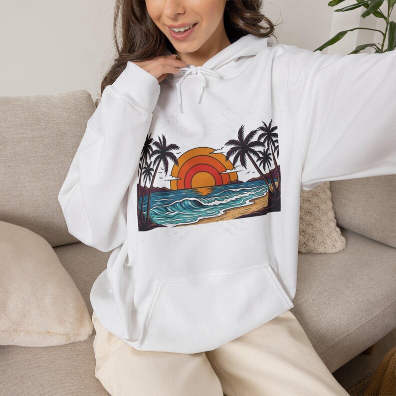 Retro Sunset Palm Tree Ocean - Hoodie 画像 5
