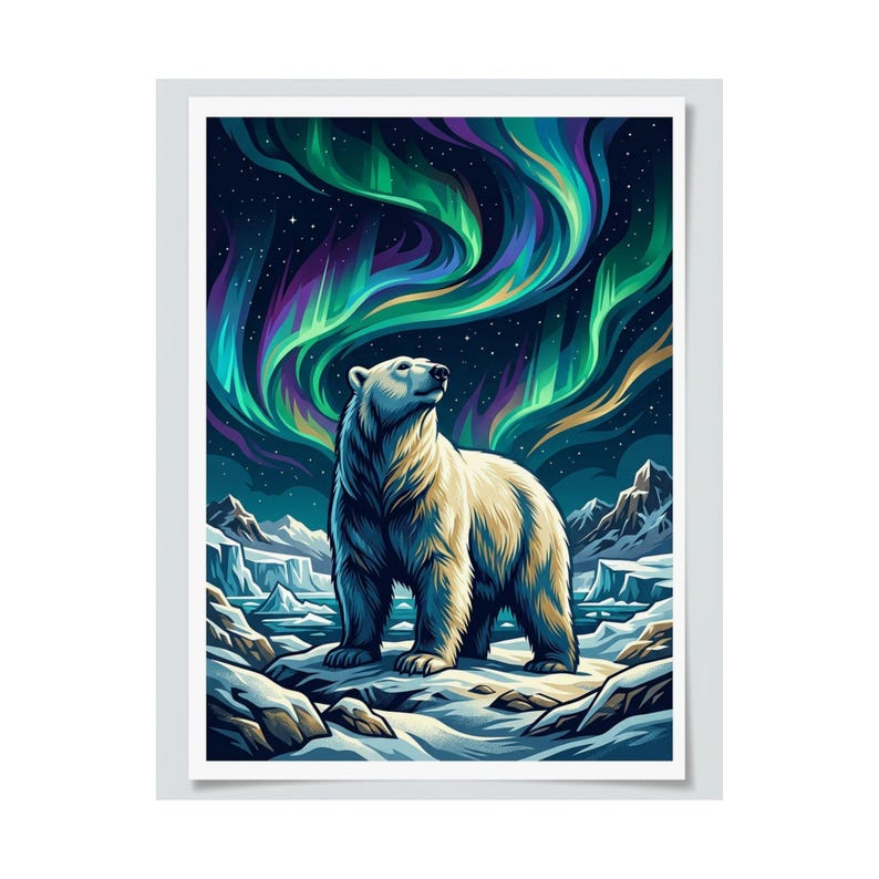 Arctic Polar Bear Under Aurora Borealis - Poster Bild 2