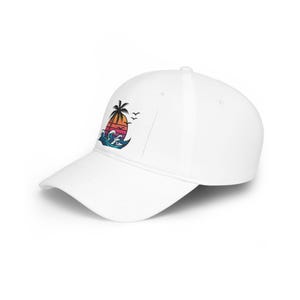 Palm Tree Sunset Baseball Cap, Ocean Waves Seagulls Beach Hat, Scenic Summer Dad Hat, Tropical Vacation Cap Bild 2