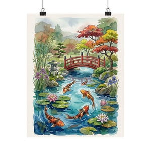 Koi Pond Japanese Garden Watercolor - Poster image 1