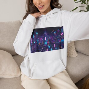 Cyberpunk Neon City Skyline At Night - Hoodie imagem 5