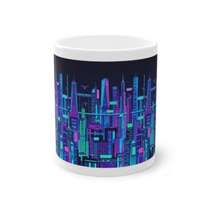 Cyberpunk Neon City Skyline At Night - Mug imagen 1