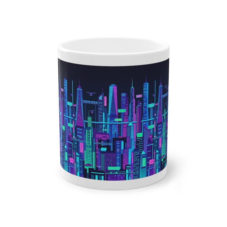 Cyberpunk Neon City Skyline At Night - Mug imagen 1