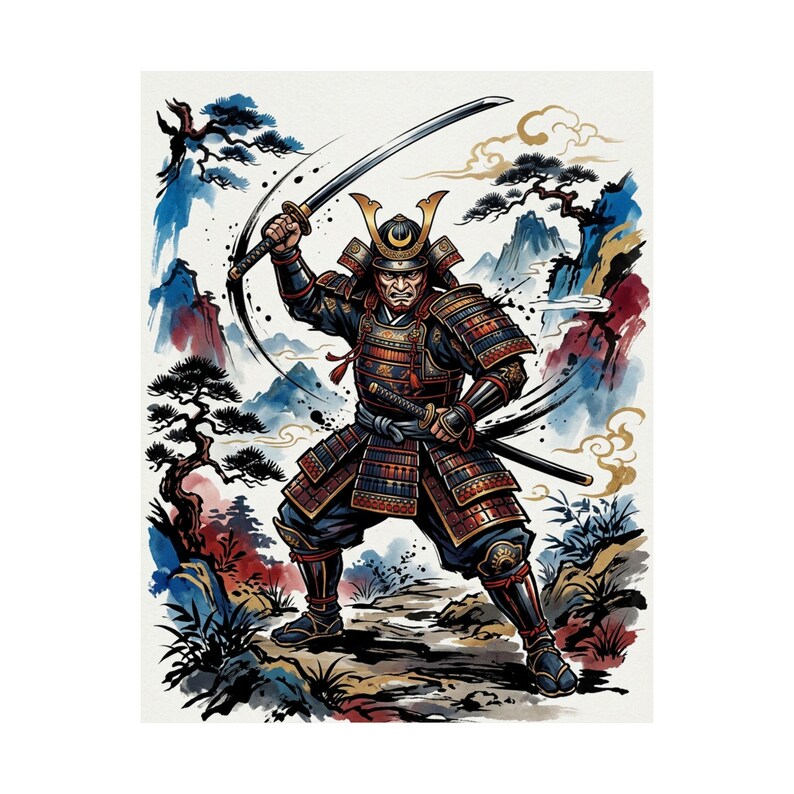 Samurai Warrior Ink Wash Painting - Poster afbeelding 2