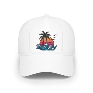 Palm Tree Sunset Baseball Cap, Ocean Waves Seagulls Beach Hat, Scenic Summer Dad Hat, Tropical Vacation Cap Bild 1