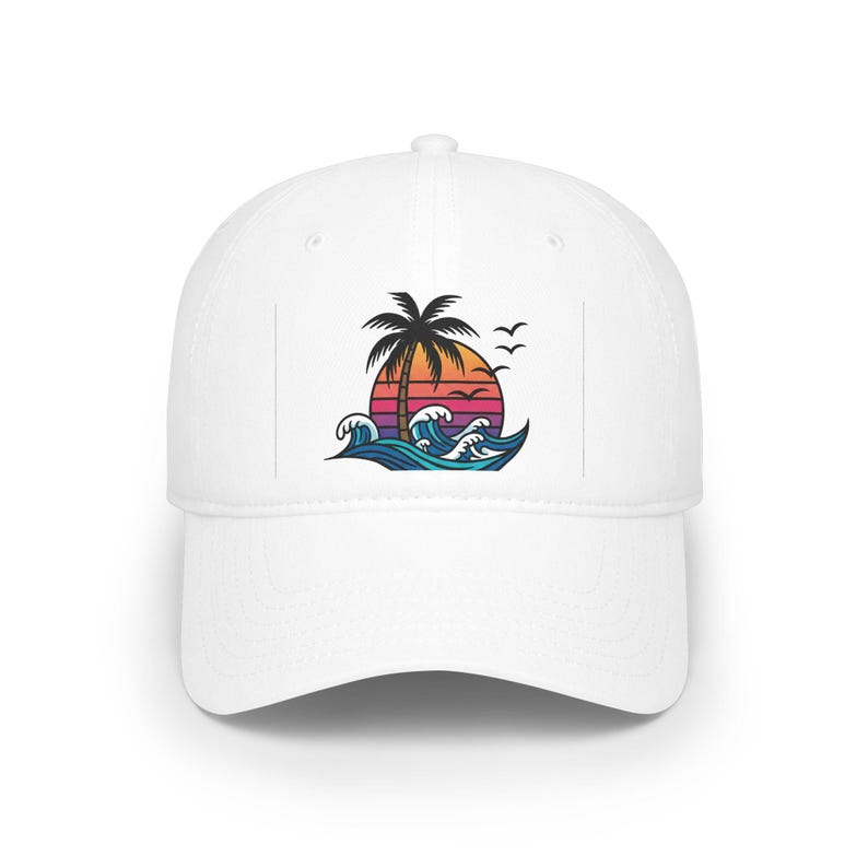 Palm Tree Sunset Baseball Cap, Ocean Waves Seagulls Beach Hat, Scenic Summer Dad Hat, Tropical Vacation Cap Bild 1