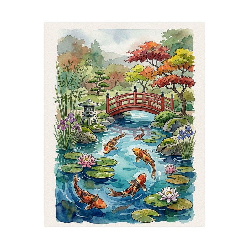 Koi Pond Japanese Garden Watercolor - Poster image 2