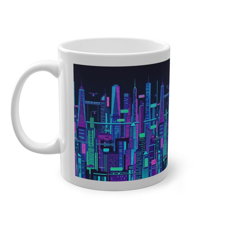 Cyberpunk Neon City Skyline At Night - Mug imagen 2