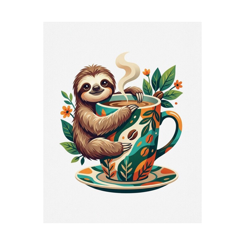 Cute Sloth Hanging On Coffee Cup - Poster zdjęcie 2