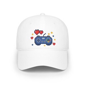 Retro Gamer Baseball Cap, Pixel Heart Controller Hat, Geeky Video Game Apparel, Pixel Art Star Dad Hat, Gamer Gift image 1