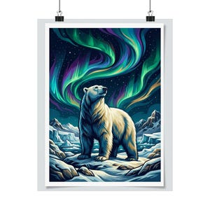 Arctic Polar Bear Under Aurora Borealis - Poster Bild 1