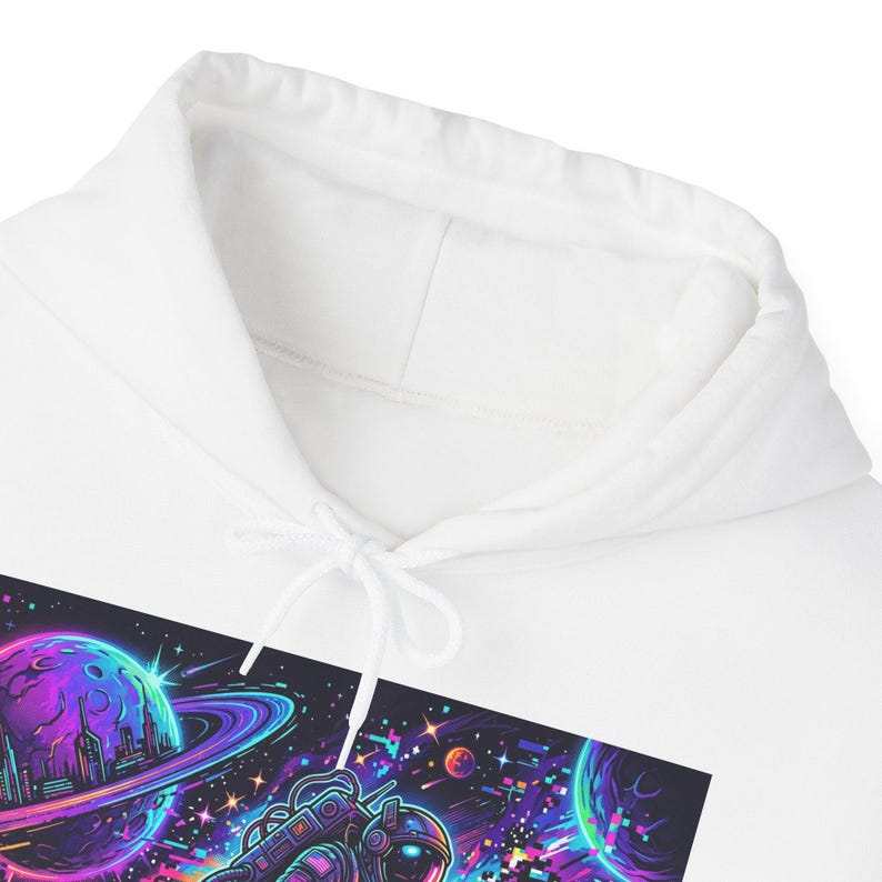 Cyberpunk Astronaut Hoodie - Neon Planets & Glitch Stars Space Streetwear Graphic Pullover image 2