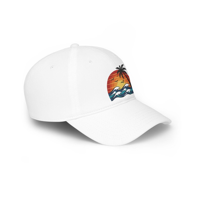 Sunset Palm Tree Baseball Cap, Ocean Waves Seagulls Beach Hat, Summer Vacation Dad Hat, Minimalist Coastal Cap afbeelding 3