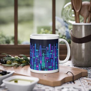 Cyberpunk Neon City Skyline At Night - Mug imagen 4
