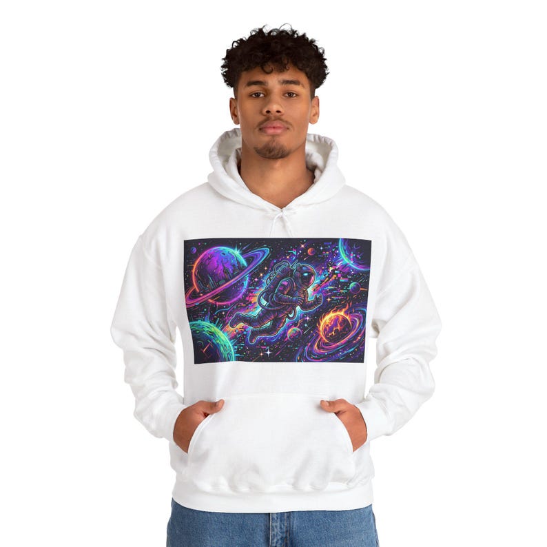 Cyberpunk Astronaut Hoodie - Neon Planets & Glitch Stars Space Streetwear Graphic Pullover image 5