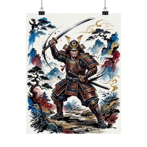 Samurai Warrior Ink Wash Painting - Poster afbeelding 1