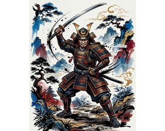 Samurai Warrior Ink Wash Painting - Poster