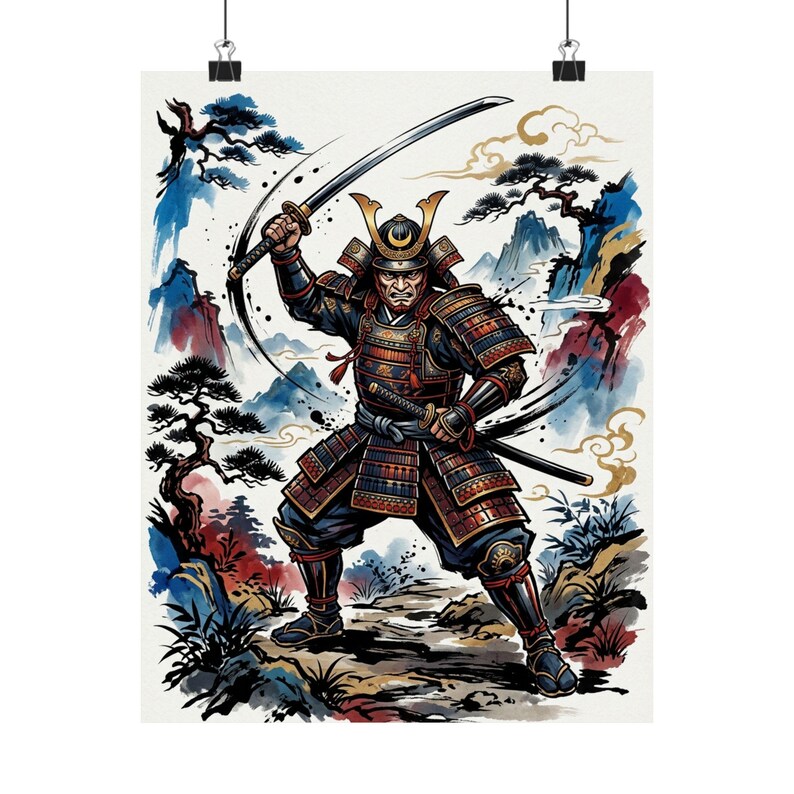 Samurai Warrior Ink Wash Painting - Poster afbeelding 1