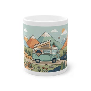 Vintage Travel Camper Van Mountains - Mug afbeelding 1