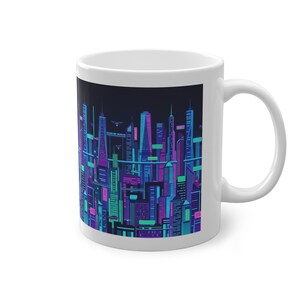 Cyberpunk Neon City Skyline At Night - Mug imagen 3