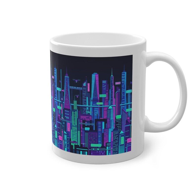 Cyberpunk Neon City Skyline At Night - Mug imagen 3
