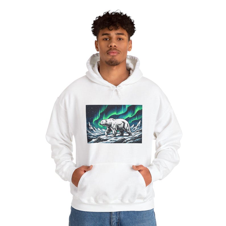 Arctic Polar Bear Under Aurora Borealis - Hoodie image 7