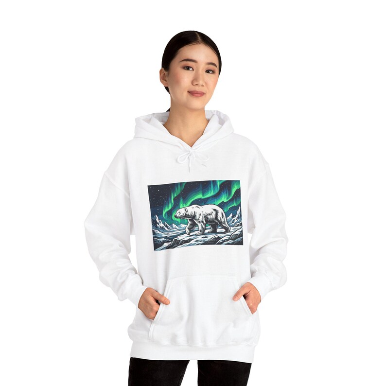 Arctic Polar Bear Under Aurora Borealis - Hoodie image 6