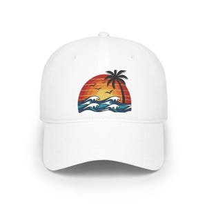 Sunset Palm Tree Baseball Cap, Ocean Waves Seagulls Beach Hat, Summer Vacation Dad Hat, Minimalist Coastal Cap afbeelding 1