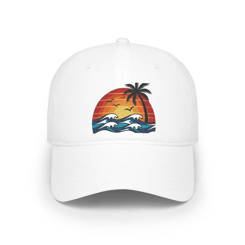 Sunset Palm Tree Baseball Cap, Ocean Waves Seagulls Beach Hat, Summer Vacation Dad Hat, Minimalist Coastal Cap afbeelding 1
