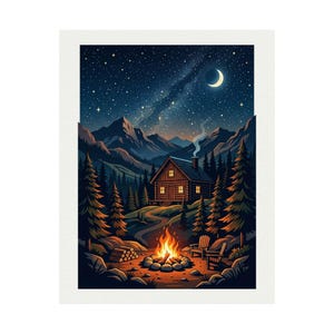 Mountain Cabin Campfire Under Stars - Poster imagen 2