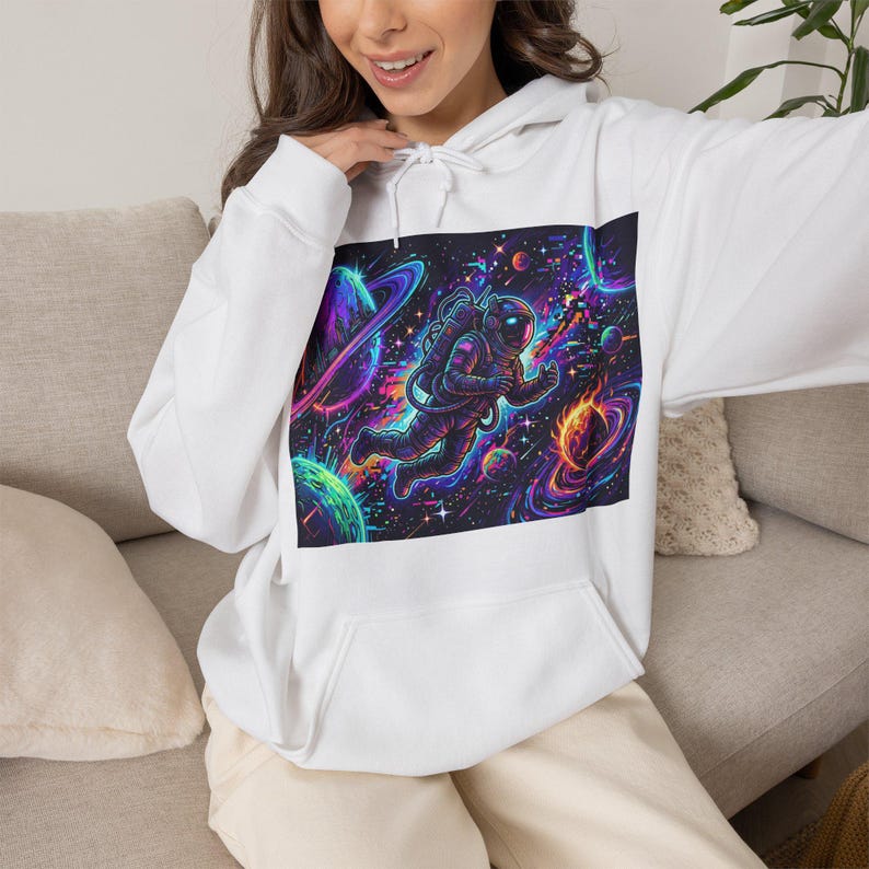 Cyberpunk Astronaut Hoodie - Neon Planets & Glitch Stars Space Streetwear Graphic Pullover image 4