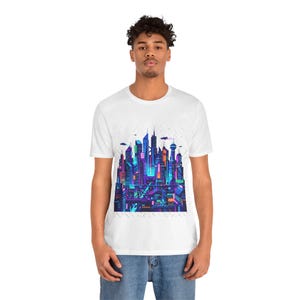 Cyberpunk Neon City Skyline At Night - Tshirt Bild 5