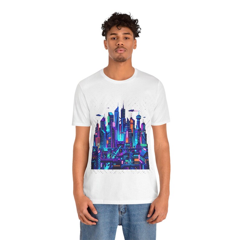 Cyberpunk Neon City Skyline At Night - Tshirt Bild 5
