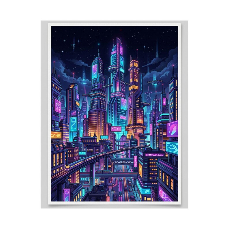 Cyberpunk Neon City Skyline At Night - Poster imagen 2