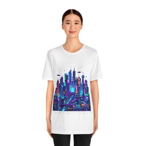 Cyberpunk Neon City Skyline At Night - Tshirt Bild 4