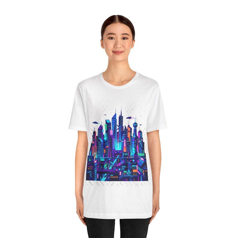 Cyberpunk Neon City Skyline At Night - Tshirt Bild 4
