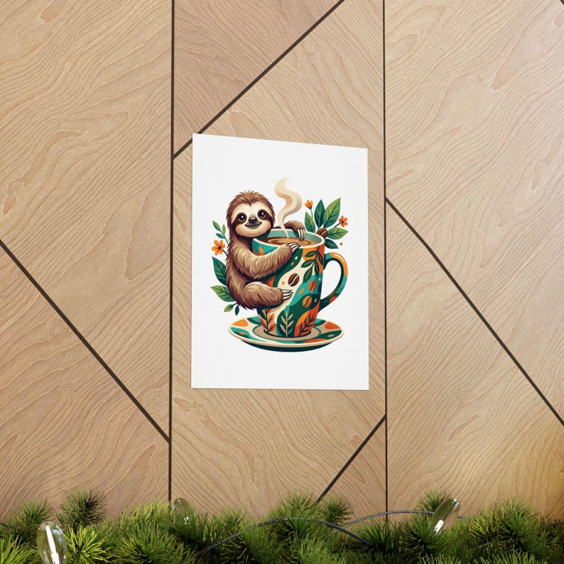 Cute Sloth Hanging On Coffee Cup - Poster zdjęcie 5