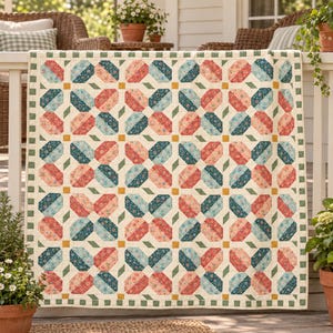 May include: A quilt featuring a repeating geometric pattern of octagonal shapes in shades of coral, teal, and cream. The design includes small floral prints within the shapes, accented by mustard yellow squares and a green checkered border.