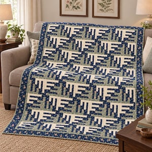 May include: A rectangular quilt featuring a repeating geometric pattern in shades of navy blue, sage green, and cream. The quilt is bordered by a dark blue fabric with a small floral print and has a consistent grid-like construction throughout.