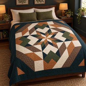May include: A bed quilt featuring a geometric star pattern in shades of dark blue, olive green, tan, and cream. The design includes solid-coloured triangles and patterned fabric sections with a repeating circular motif, finished with a dark blue border.